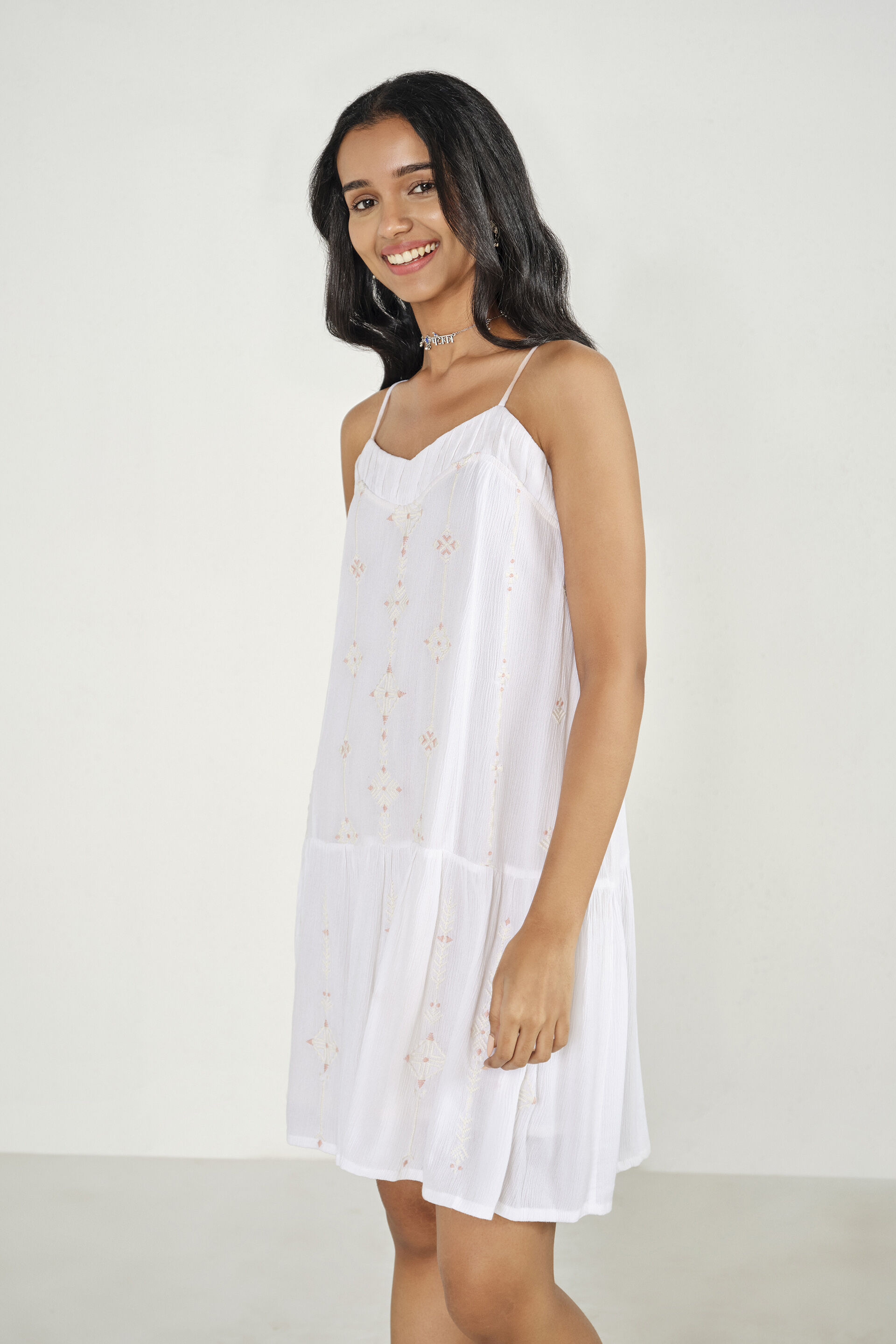 White Embroidered Short Swing Dress, White, image 4